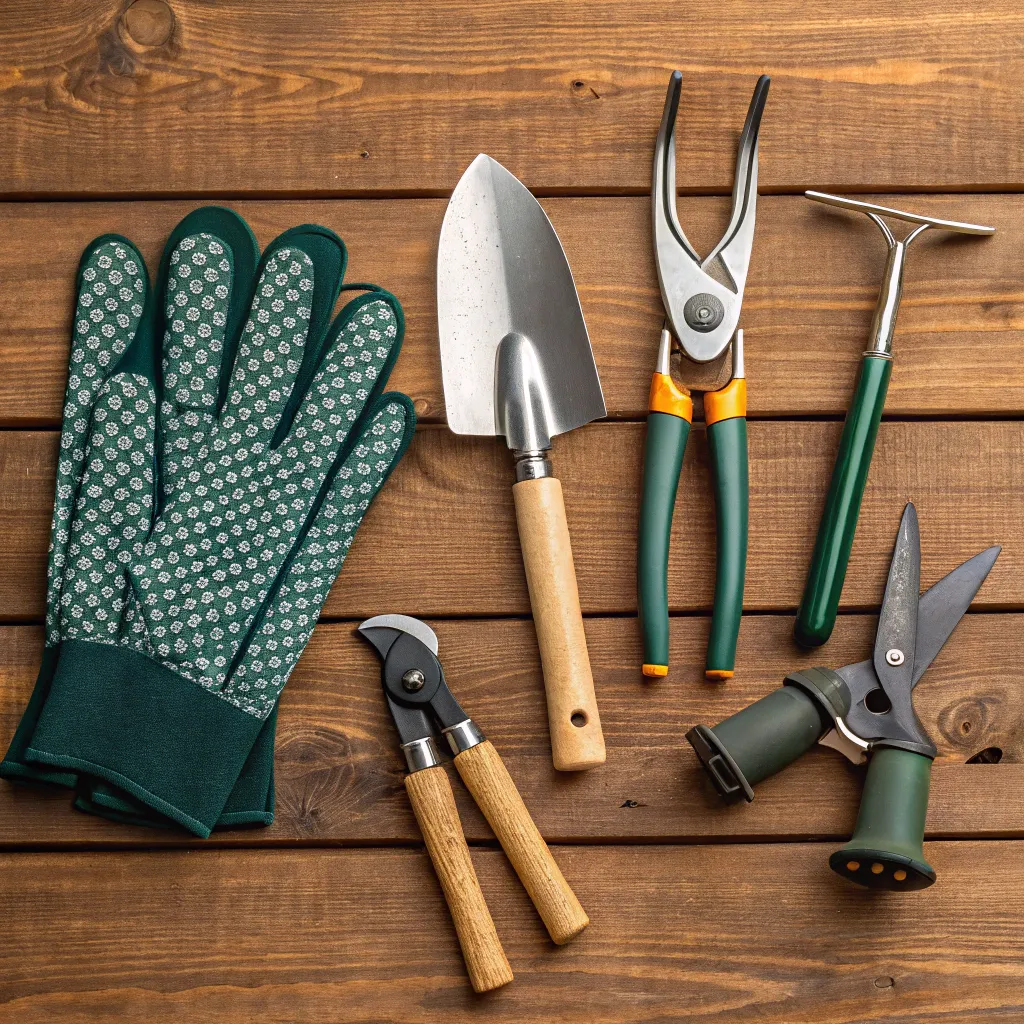 Tools used for garden maintenance on a wooden table
